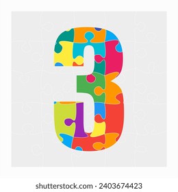 Colorful puzzle number - 3. Jigsaw creative figure three made of piece puzzle and isolated on gray background. Editable contour
