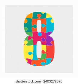 Colorful puzzle number - 8. Jigsaw creative figure eight made of piece puzzle and isolated on gray background. Editable contour