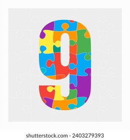 Colorful puzzle number - 9. Jigsaw creative figure nine made of piece puzzle and isolated on gray background. Editable contour