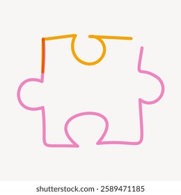 Colorful puzzle piece outline with pink and orange lines on a white background. Simple puzzle design with bright colors. Minimalist puzzle art. Doodle shape vector.