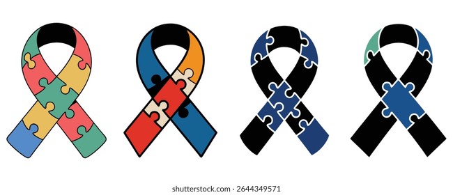 Colorful puzzle piece ribbons representing autism awareness on a white background