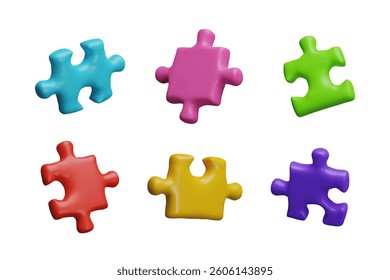 Colorful puzzle pieces 3D cartoon plastic style vector icons set. Logic game toy render isolated. Abstract jigsaw details ready for connection or disassembling. Choice connection, variation attach
