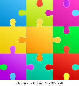 Colorful puzzle pieces assembled together. Vector background. Flat cartoon style.