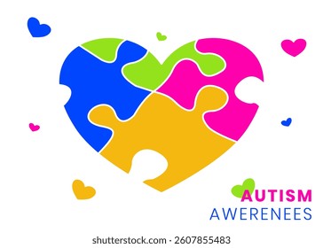 Colorful puzzle pieces create a heart for autism awareness with hearts illustration, perfect for education and support campaigns.