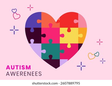 Colorful puzzle pieces form a heart for autism awareness against a pink backdrop Perfect for promoting understanding and acceptance