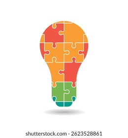 Colorful puzzle pieces forming a light bulb shape, symbolizing creativity, innovation, teamwork, and problem-solving.