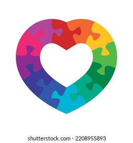  Colorful puzzle pieces heart borders vector isolated on white background.