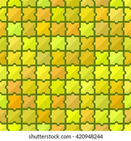 Colorful puzzle pieces on a green background. Vector seamless pattern.