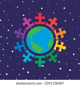 Colorful puzzle pieces round frame around of earth. Vector isolated on blue background.	