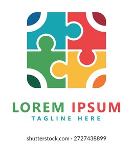 Colorful puzzle pieces with sample text on white background icon