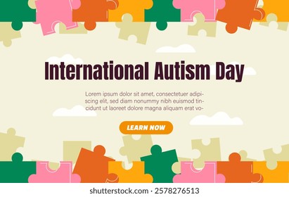 Colorful puzzle pieces surrounding bold text for International Autism Day. Flat style, cloud elements, cream background. Concept of awareness and inclusion. Vector illustration