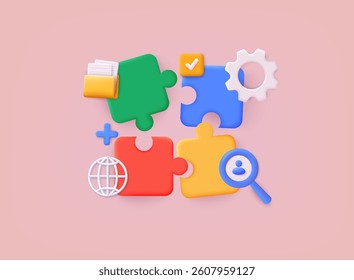 Colorful puzzle pieces. Team metaphor. people connecting puzzle elements. Problem-solving, business challenge. 3D Web Vector Illustrations.