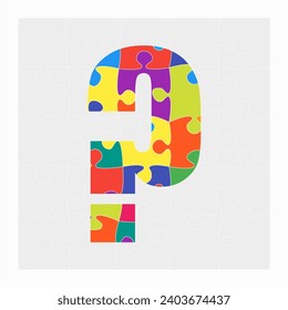 Colorful puzzle - question mark. Jigsaw creative punctuation mark made of piece puzzle and isolated on gray background. Editable contour