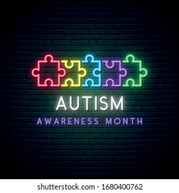 Colorful puzzle symbol of Autism awareness month. Colorful puzzles in neon style. Health care. Vector illustration.