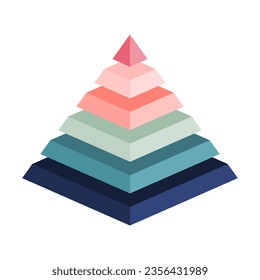 Colorful pyramid with 6 parts. Retro pastel colors pieces. Blank Infographic design template with six levels. Isometric prism with 6 steps elements. Hierarchy concept. 70s, 60s. Vector illustration.