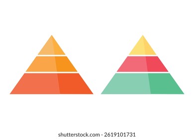 Gráfico de pirâmide colorido infográfico com níveis segmentados, estrutura de hierarquia, visualização de dados de negócios e conceito de marketing. Níveis da pirâmide triangular. Ícone de pirâmide triangular.