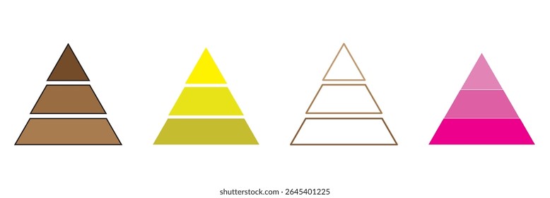 Colorful pyramid chart infographic with segmented levels, hierarchy structure, business data visualization and marketing concept. Levels of triangular pyramid. Triangle pyramid icon.