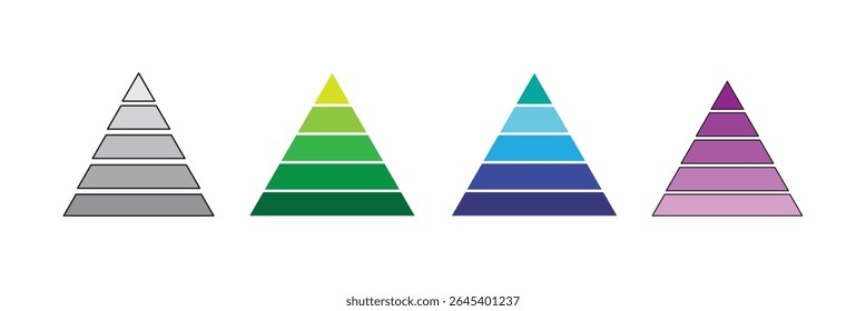 Colorful pyramid chart infographic with segmented levels, hierarchy structure, business data visualization and marketing concept. Levels of triangular pyramid. Triangle pyramid icon.