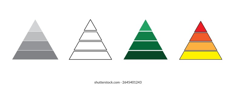 Colorful pyramid chart infographic with segmented levels, hierarchy structure, business data visualization and marketing concept. Levels of triangular pyramid. Triangle pyramid icon.