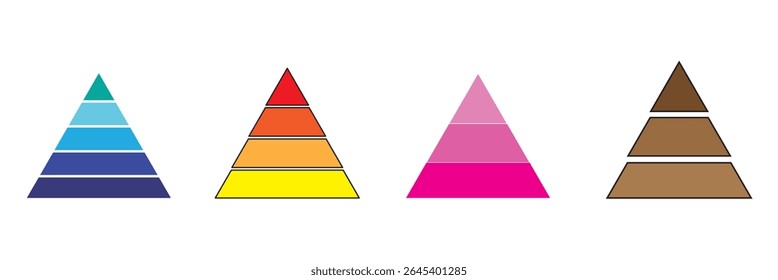 Colorful pyramid chart infographic with segmented levels, hierarchy structure, business data visualization and marketing concept. Levels of triangular pyramid. Triangle pyramid icon.
