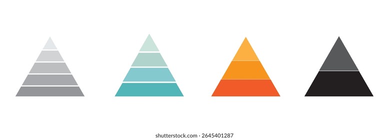Colorful pyramid chart infographic with segmented levels, hierarchy structure, business data visualization and marketing concept. Levels of triangular pyramid. Triangle pyramid icon.