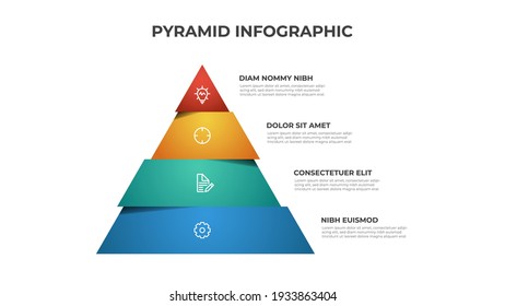 Colorful pyramid infographic template vector with 4 steps, list, levels diagram. Triangle segmented layout for presentation.