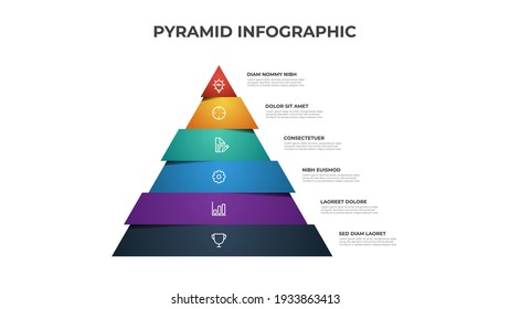 Colorful pyramid infographic template vector with 6 steps, list, levels diagram. Triangle segmented layout for presentation.