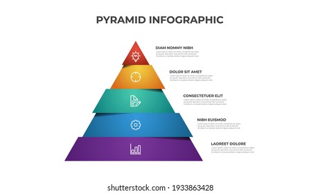 Colorful pyramid infographic template vector with 5 steps, list, levels diagram. Triangle segmented layout for presentation.