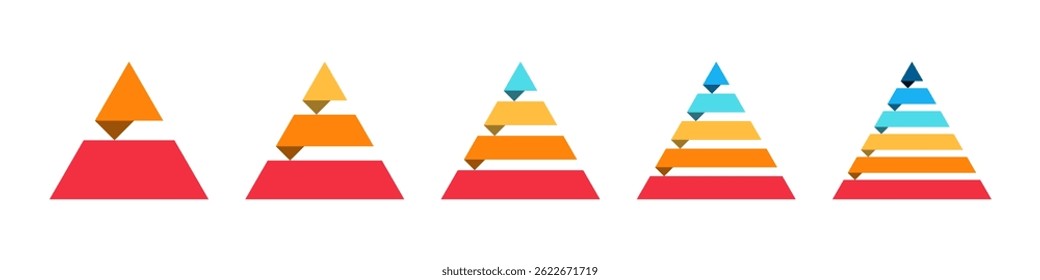 Pirâmide colorida. Conjunto de infográficos de diagrama triangular. Progressão conceitual da pirâmide. 2, 3, 4, 5 e 6 partes	