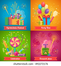 Fiestas pirotécnicas llenas de color de iconos 2x2 colocados con varios globos y decoraciones para fiestas y fuegos artificiales muestran ilustraciones vectoriales aisladas