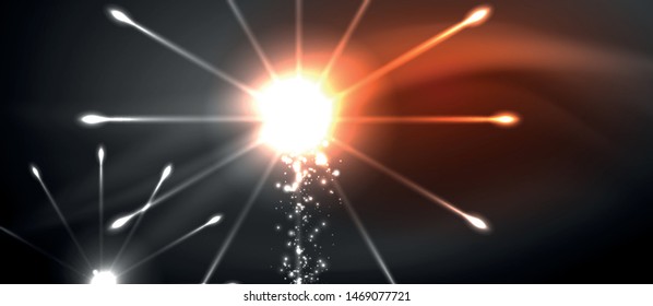 Colorful pyrotechnics show. Sky clouds. Black background. Festival celebration. Abstract fireworks dark sky night for celebration design.