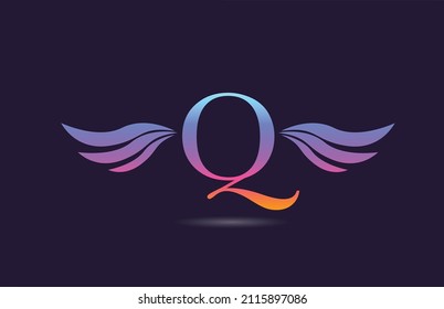 Colorful Q alphabet letter logo icon design with wings. Creative template for business and company in pink yellow 