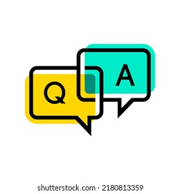 Colorful QA Question and Answer Bubble Speech or Chat in Yellow and Green Color, Help Icon in Stylize Linked Thin Line Vector