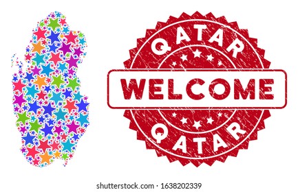 Colorful Qatar map mosaic of stars, and textured round red WELCOME stamp. Abstract territorial scheme in bright color hues. Vector Qatar map is designed of color stars. Designed for political,