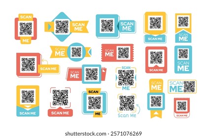 Colorful QR code labels. Scan me frames, smartphone code templates, mobile payment or app promotional stickers various shapes isolated vector set.