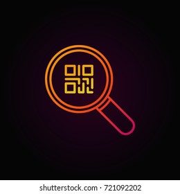 Colorful QR code in magnifying glass icon or symbol in thin line style on dark background