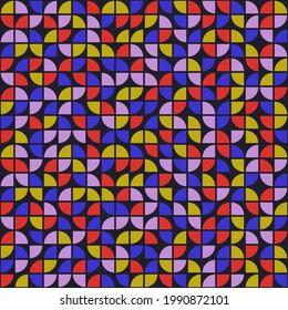 Colorful quarrters. Geometric quarters of circles. Decoratice and mosaic art quarters. Yellow, blue and red color of seamless shapes like quart of circle.