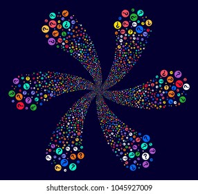 Colorful Query twirl motion on a dark background. Vector abstraction. Suggestive centrifugal explosion combined from scatter query symbols.