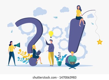 Colorful question and answer vector illustration, concept illustration of people frequently asked questions around question marks and exclamation marks. Rating for work in the form of stars. Metaphor