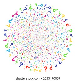 Colorful Question carnival cluster. Vector sphere bang created with scattered question elements. Multi Colored Vector abstraction.
