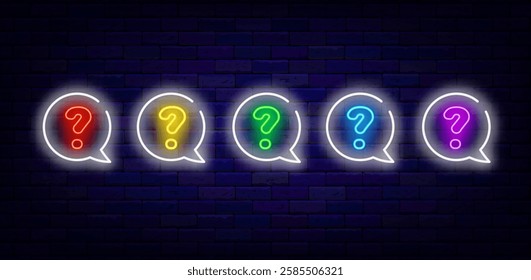 Colorful question marks collection in speech bubble. Trivia night neon banner. Vector stock illustration