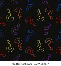 Colorful question marks seamless pattern on black background. Outline drawings in sketch style. Customer service, communication, faq help