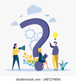 Colorful question vector illustration, concept illustration of people often asked questions around question marks. Rating for work in the form of stars. metaphor