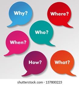 Colorful questions speech paper bubbles with text why, where, who, when, how, what.