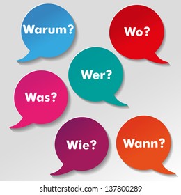 Colorful questions speech paper bubbles with numbers. German text warum, was, wo, wie, wann, wer translate why, what, where, how, when, who.