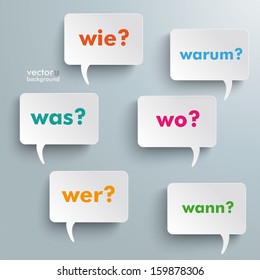 Colorful questions speech paper bubbles with numbers. German text warum, was, wo, wie, wann, wer translate why, what, where, how, when, who. Eps 10 vector file.