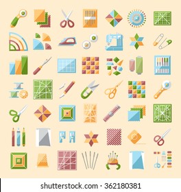 Colorful quilting line icons set. Patchwork supplies and accessories. Quilt fabric kit, patch, needle, thread, scissors, cloth, sewing machine, pin, template, ruler. Vector illustration.