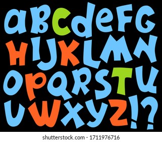 Colorful quirky English alphabet, capital letters, question and exclamation sign. Paper cut English letters and punctuation sign. Informal sans serif type for kid. Children colorful typographic poster