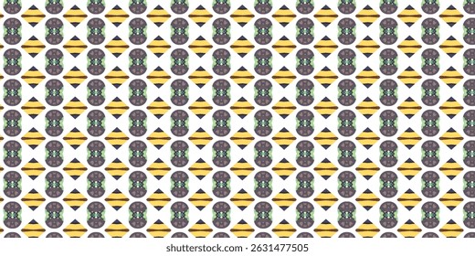 A colorful, quirky fast food-inspired seamless pattern with stylized burger illustrations and diagonal yellow-and-black stripe accents.