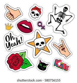 Colorful quirky funny patches with skeleton, rose, skull and lips on white background. Vector stickers or badges set